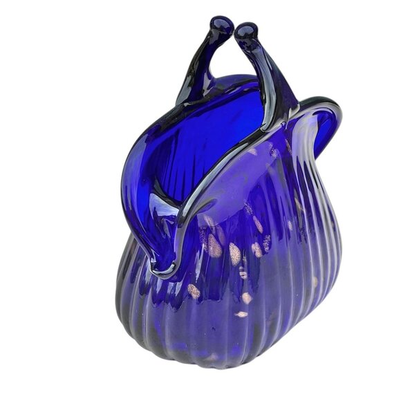 Murano Blown Glass Vase Basket Shape Cobalt Blue With Gold Sparkling Accents - Picture 9 of 15